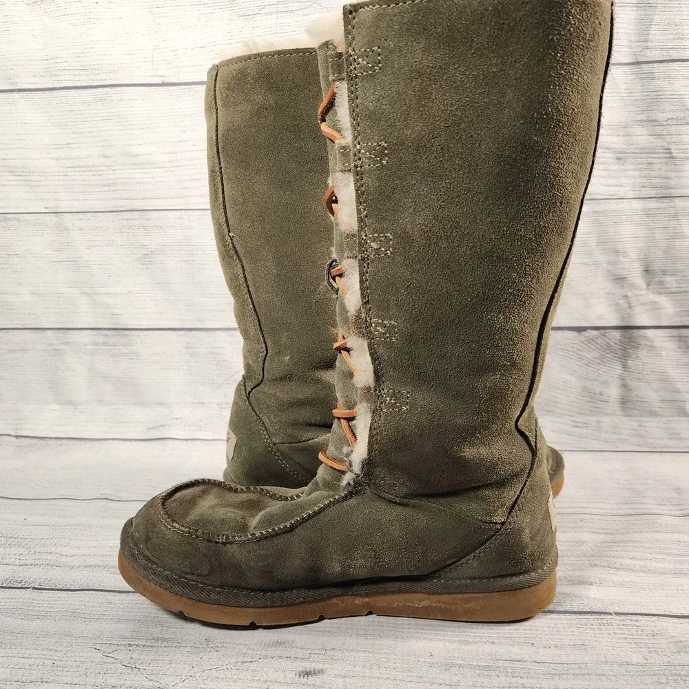 UGG Australia Whitley Womens 6 Tall Boots Olive Green Suede Shearling Trim